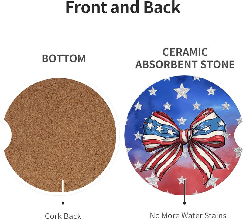 CTVSLFU Absorbent Car Coasters for Cup Holders, 2 Pack Universal Anti Slip Ceramic Cup Coaster for Women Men 2.56 Inch Car Interior Accessories - Bow Tie Stars and Stripes 019 - Image 2